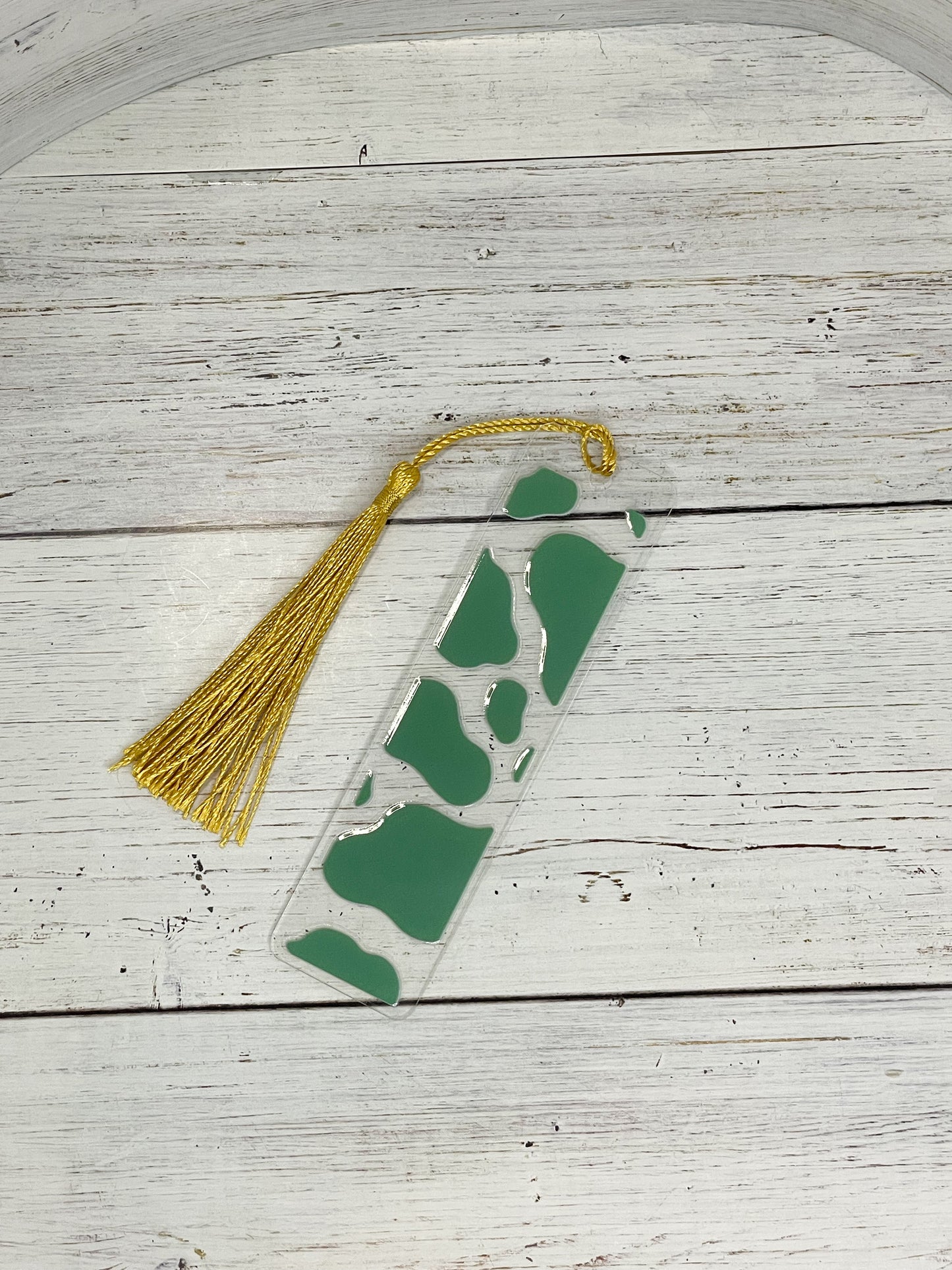 moo green cow print clear acrylic bookmark