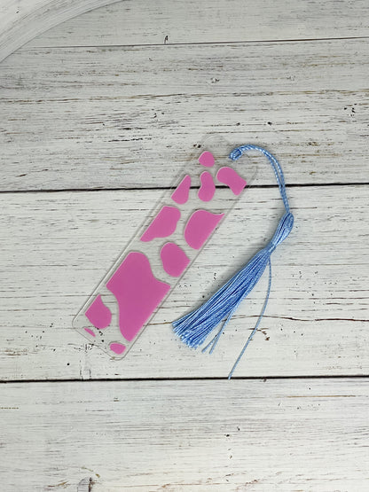 moo pink cow print clear acrylic bookmark