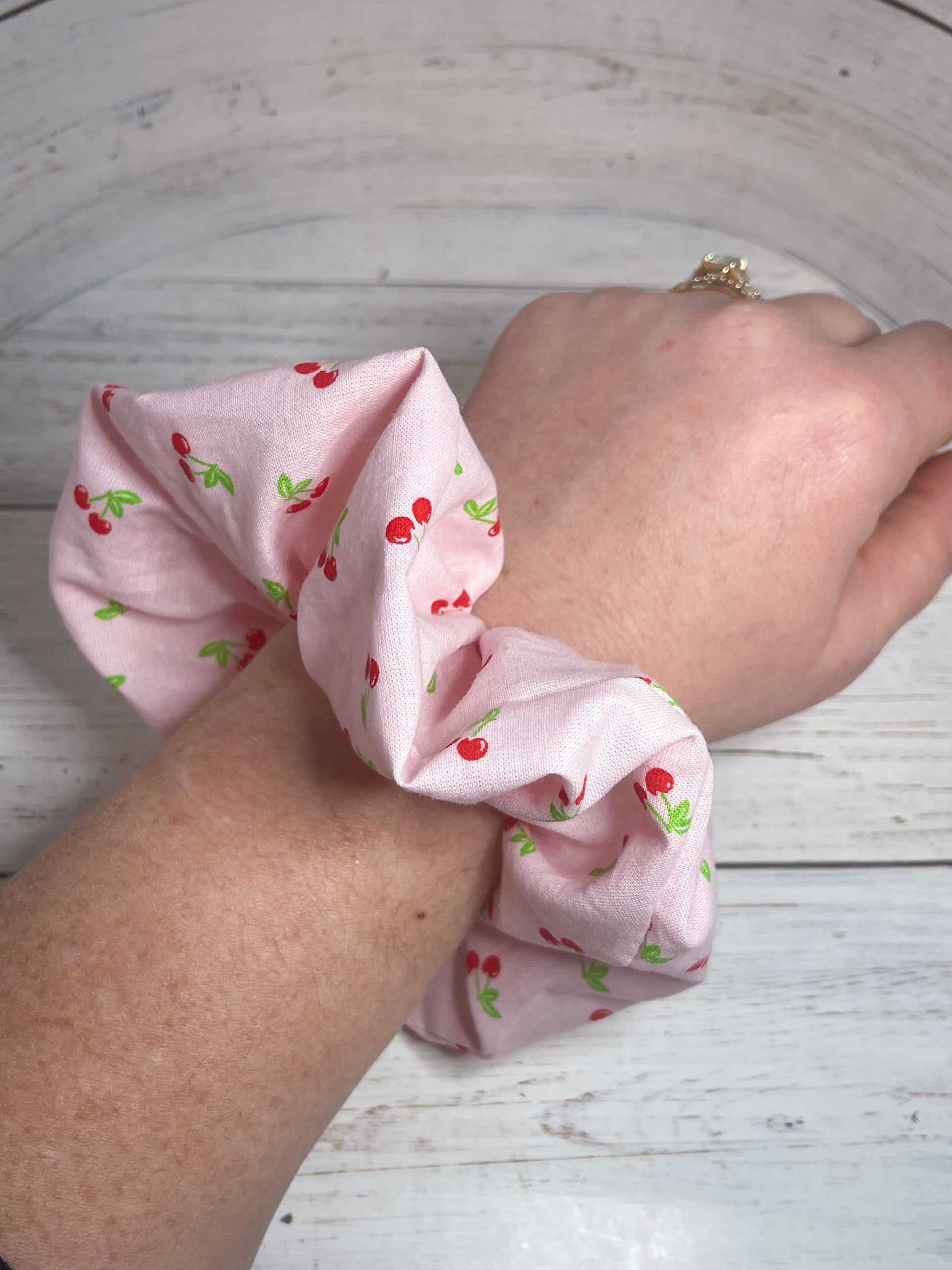 JoJo pink cherry cotton handmade scrunchie