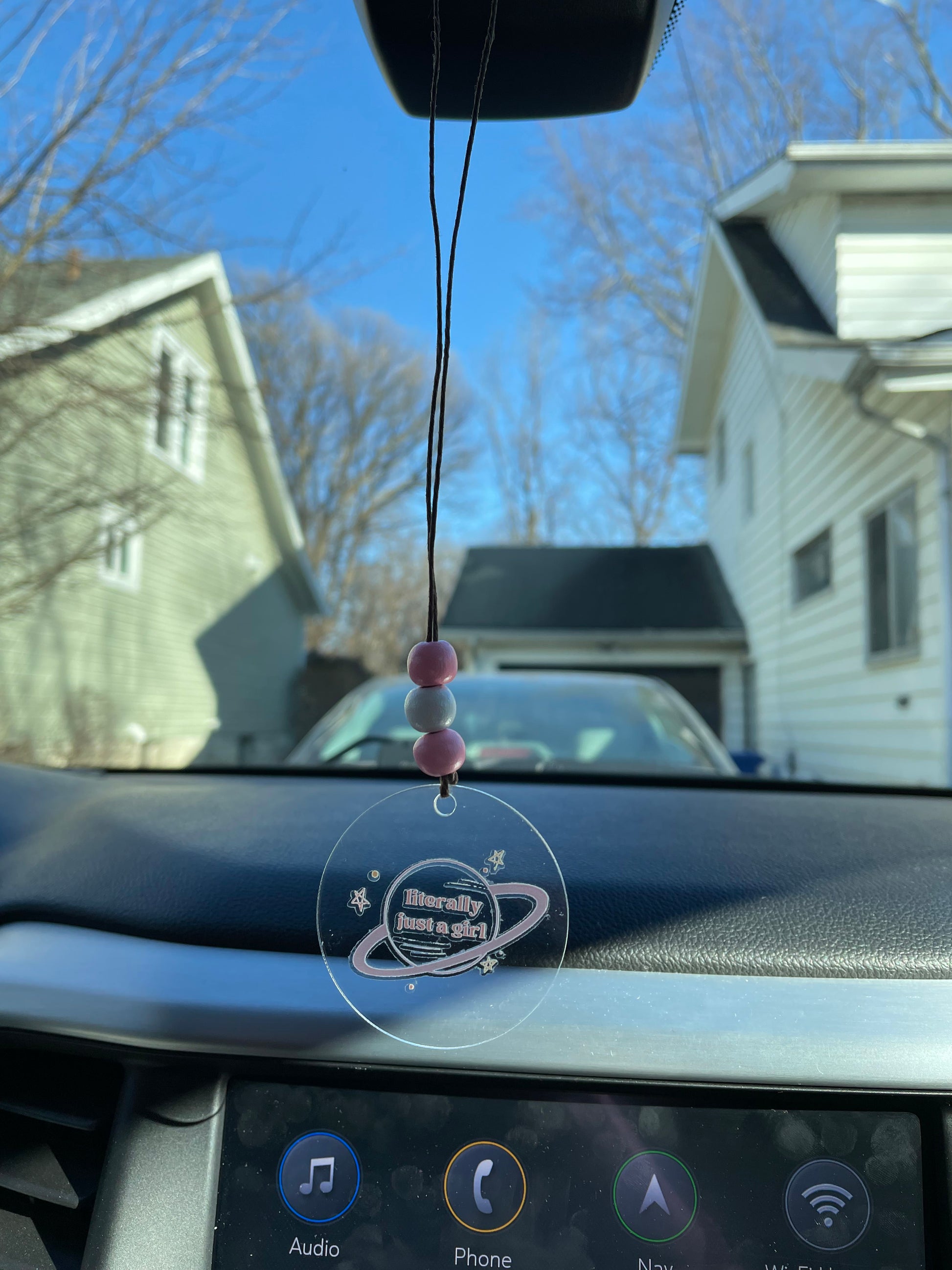 literally just a girl clear acrylic car mirror decor hanger