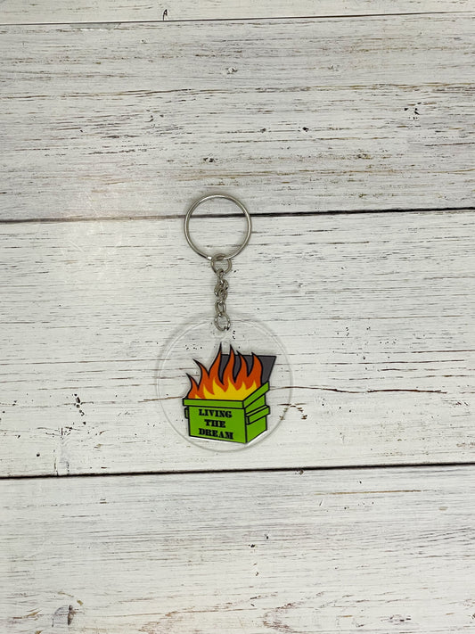 Dumpster Fire clear acrylic key chain