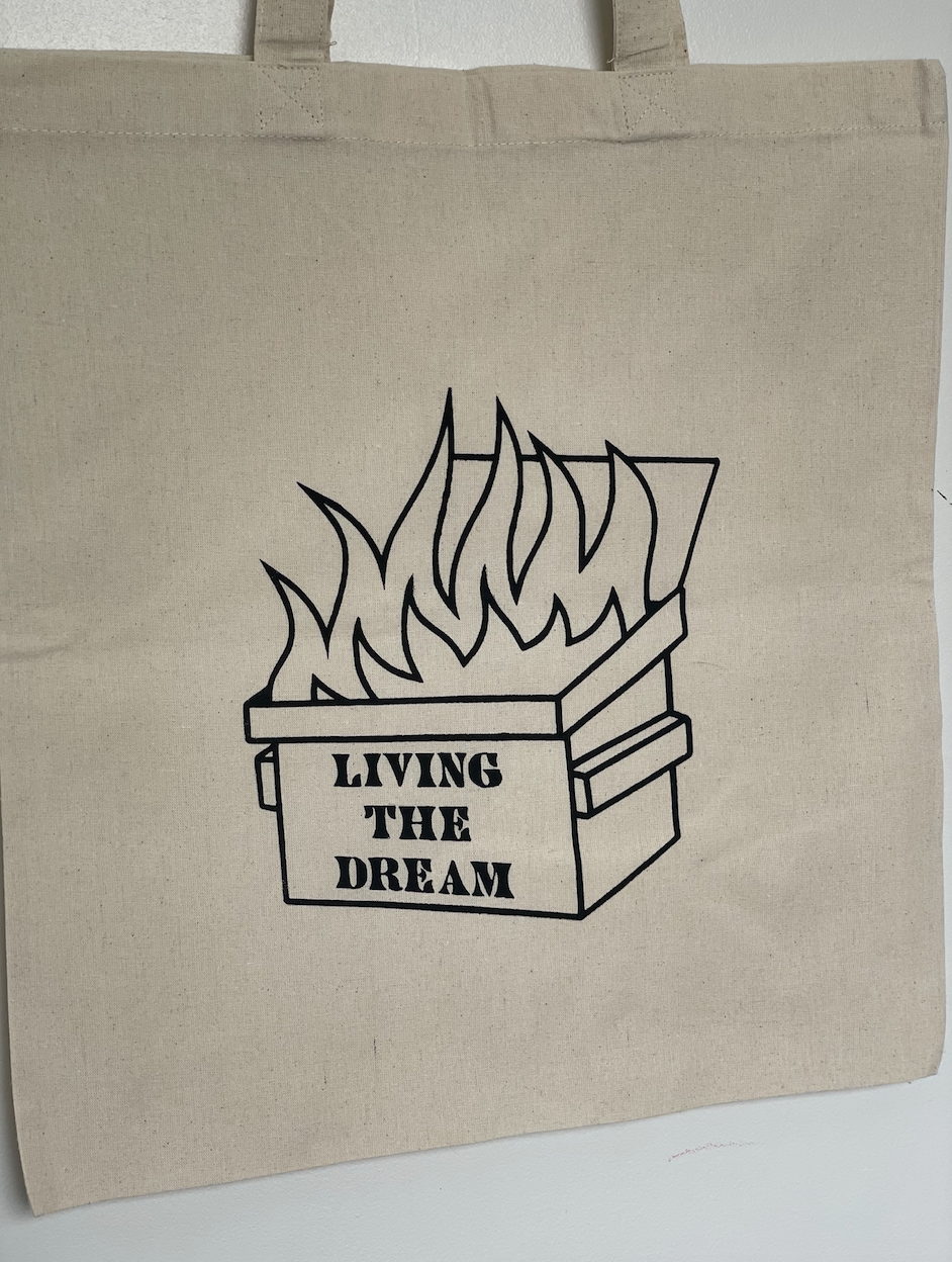 dumpster fire screen printed outline 15x16 canvas tote