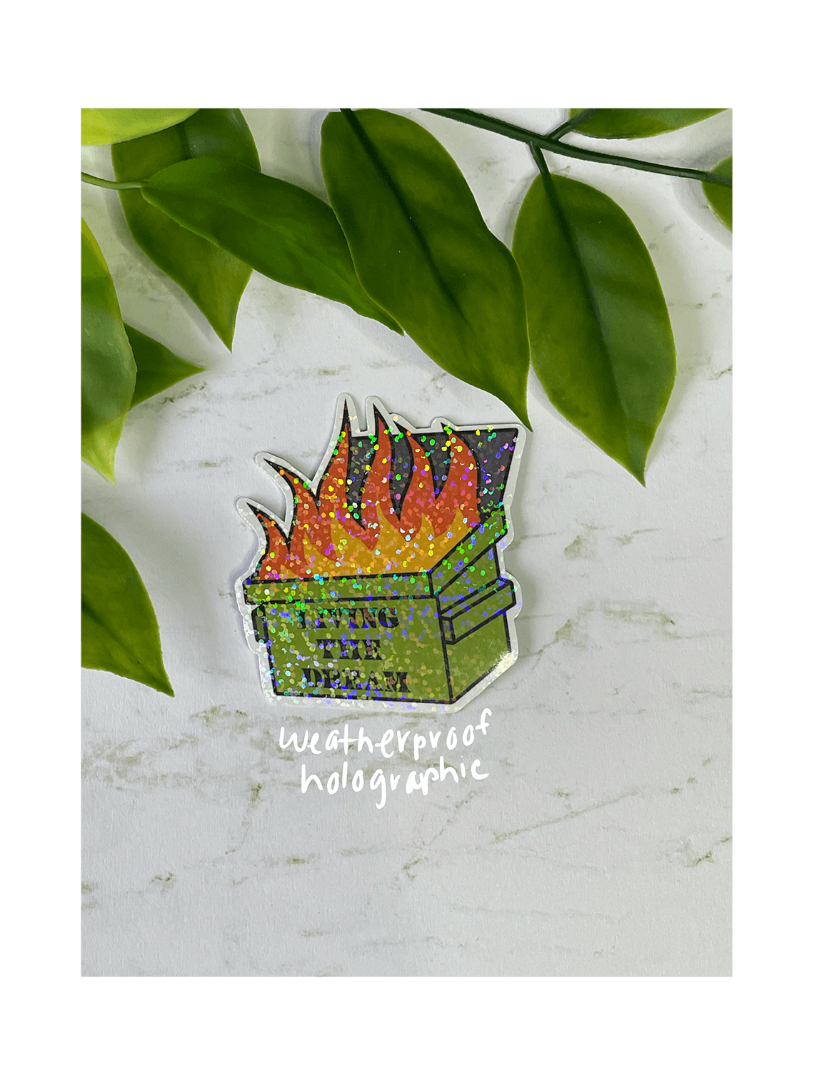 dumpster fire waterproof holographic sticker