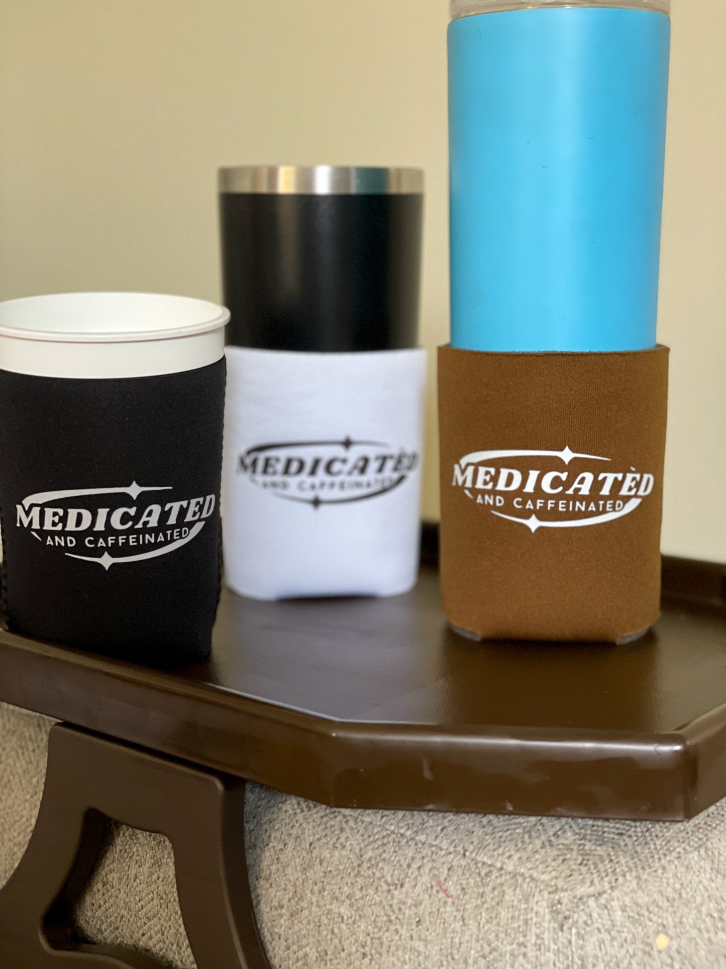 medicated and caffeinated black white and brown coozie can sweaters